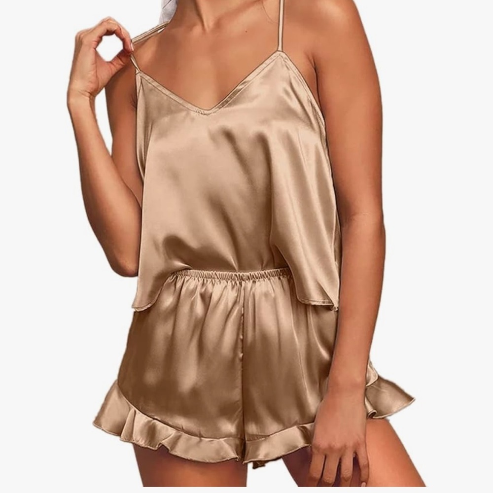 Satin Cami & Ruffle Short Sleep Set - Gold